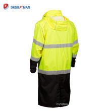 2017 durable impermeable transpirable HI VIS larga capa de lluvia a prueba de viento trabajo reflectante chaqueta cremallera frontal con cierre de aleta de tormenta